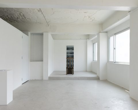 Wide view of Fish I–V arranged vertically in a white gallery, with a wooden sculptural object in the foreground.