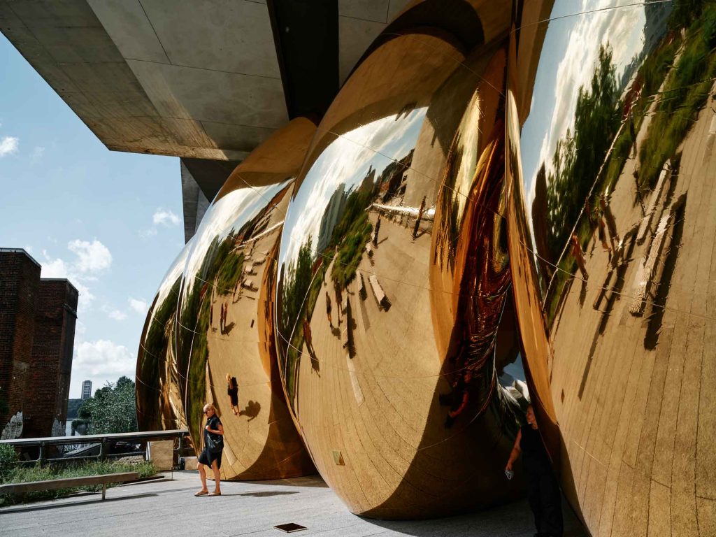 Mirrored gold surfaces of auruBOROS under The Standard Hotel