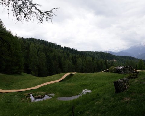 Trace of Land by ELSE, a meandering hay canopy across the Armentara meadows in Val Badia