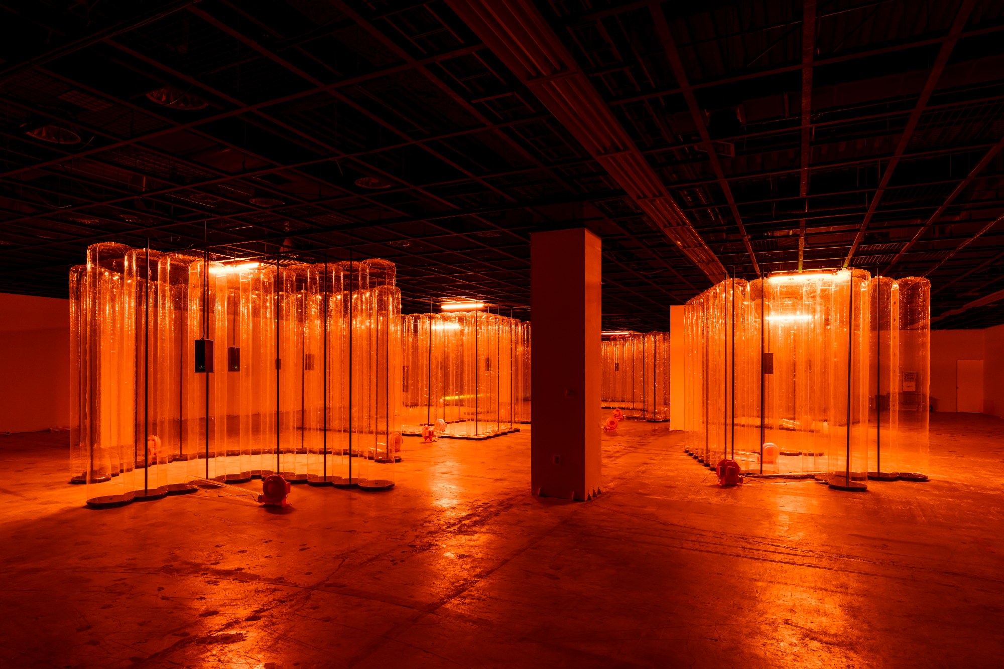 Gwangju Biennale 2026, Gallery 5 with transparent orange inflatables by Jacqueline Kiyomi Gork