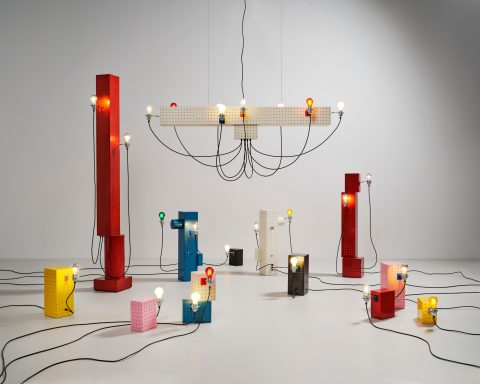 Job van den Berg lamps made from FREITAG store pegboards, installation view