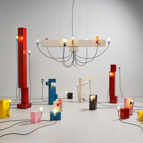 Job van den Berg lamps made from FREITAG store pegboards, installation view