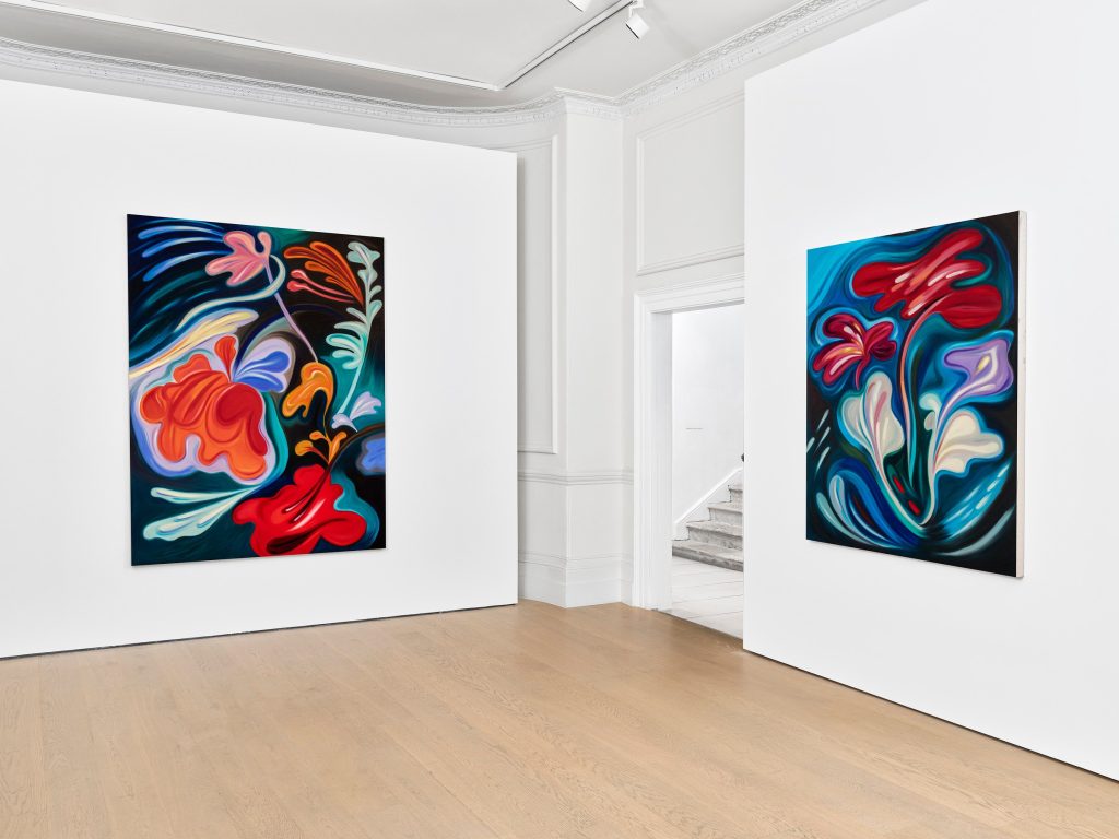 Two Hayal Pozanti paintings in a white gallery room
